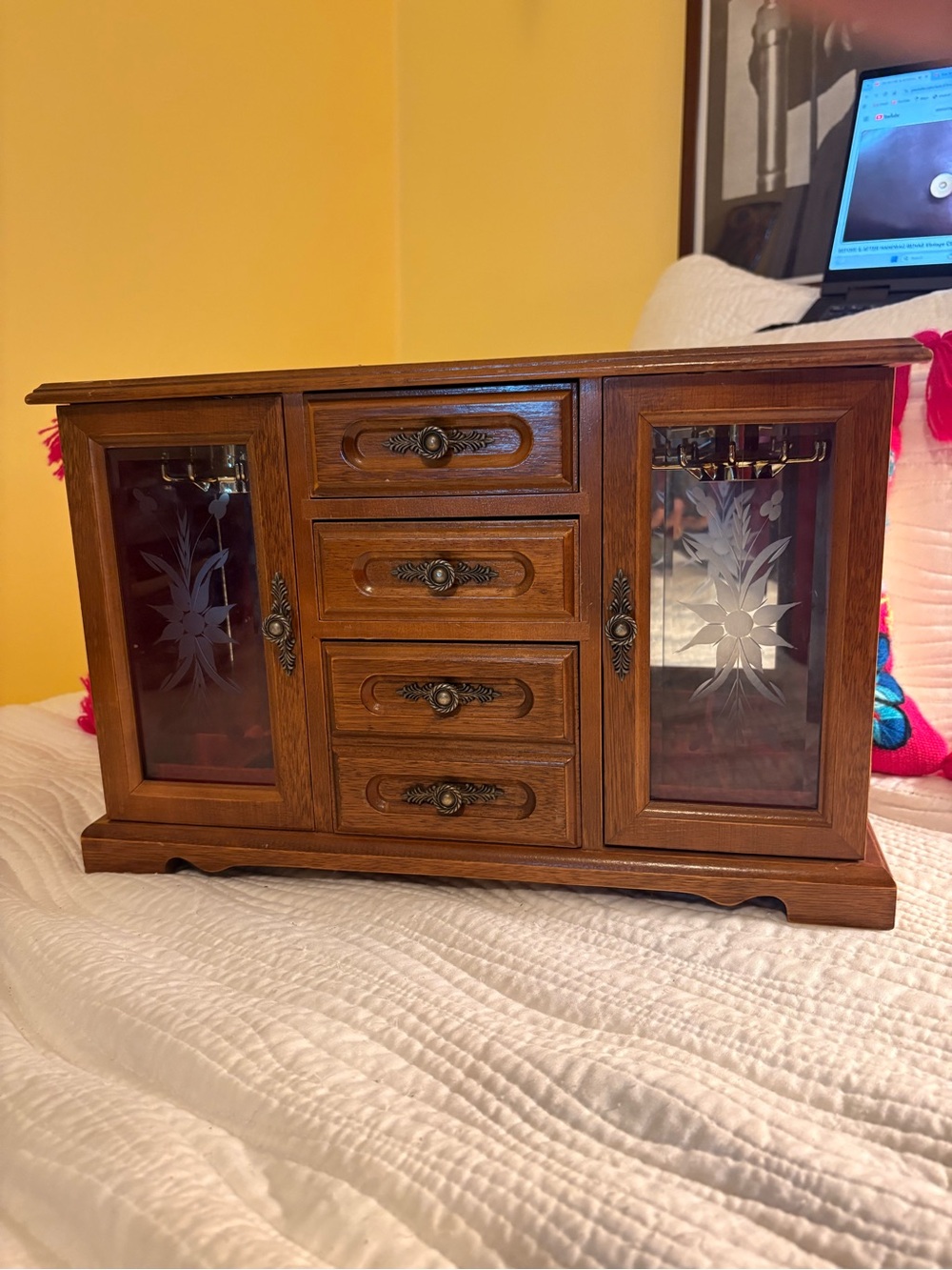 Source Unknown Brown Wooden Jewelry Organizer Cabinet with Etched Glass